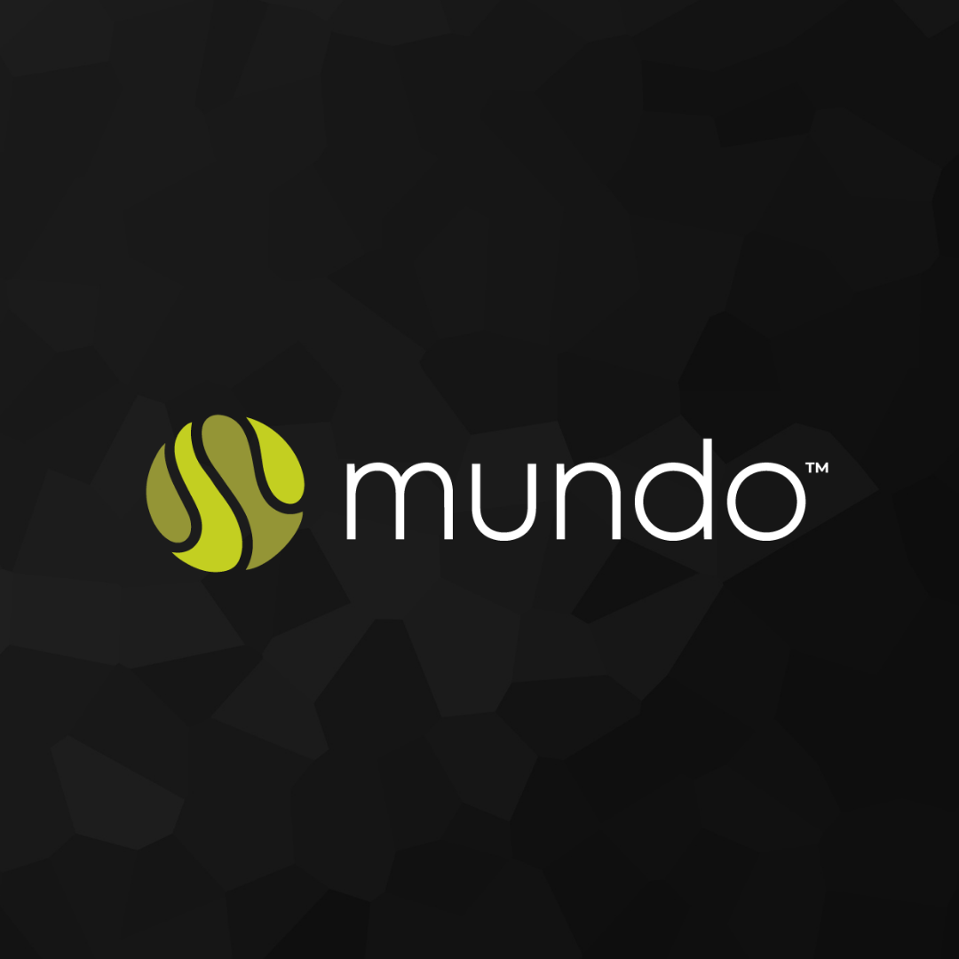 The logo for 'mundo' is displayed on a dark, textured background. The logo features a stylized lime green tennis ball icon on the left and the word 'mundo' in white lowercase letters on the right, with a small trademark symbol.