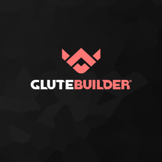 The GluteBuilder logo is centered on a dark, low-poly textured background. The logo features a stylized geometric glute shape in coral pink above the text 'GLUTE BUILDER' with 'GLUTE' in white and 'BUILDER' in coral pink.